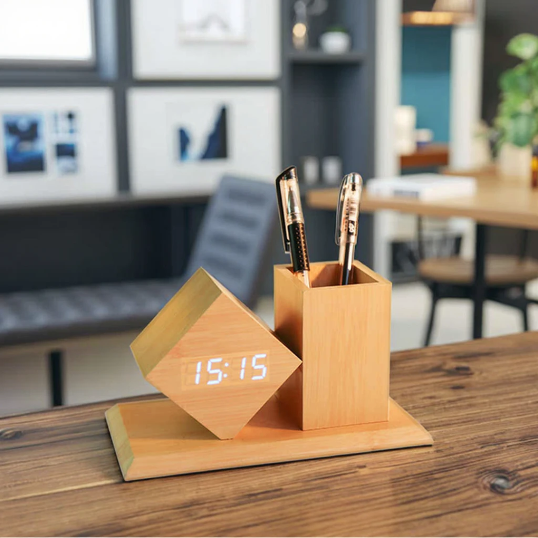 Bamboo pen desk organizer with watch
