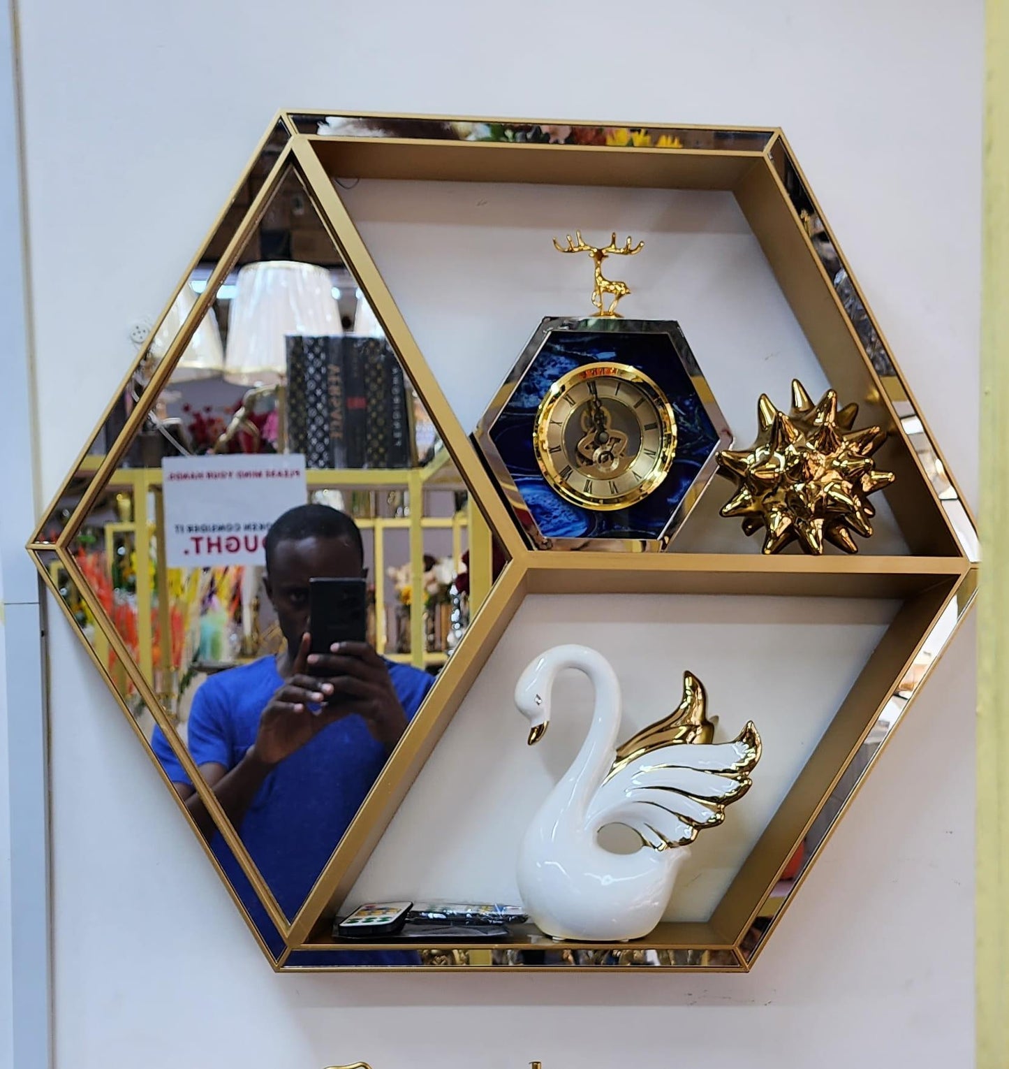 Hexagon Mirrored Decorative Wall Shelf
