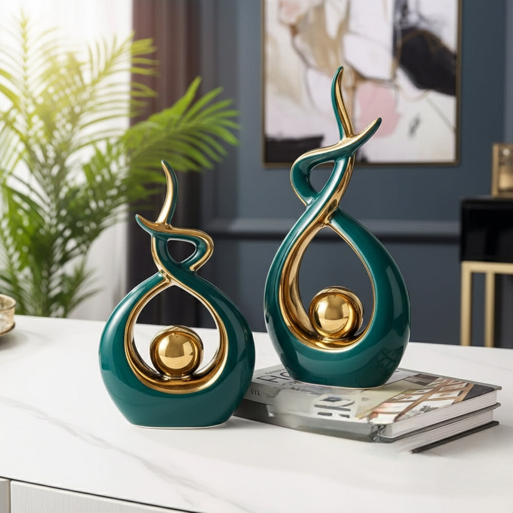 2 Pcs Green and Gold Fire Creative Ceramic Decor Set