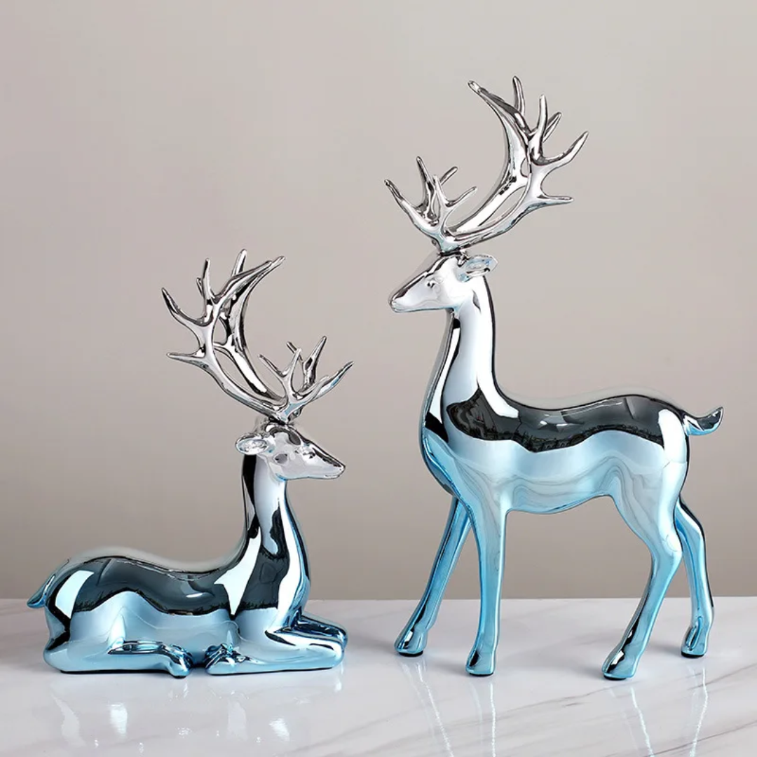 2Pcs Christmas Reindeer Figurines Decorations Resin Sitting & Standing Deer Statues Elk Figurine for Home Table Decor Sculpture (Sky Blue, 2Pcs)