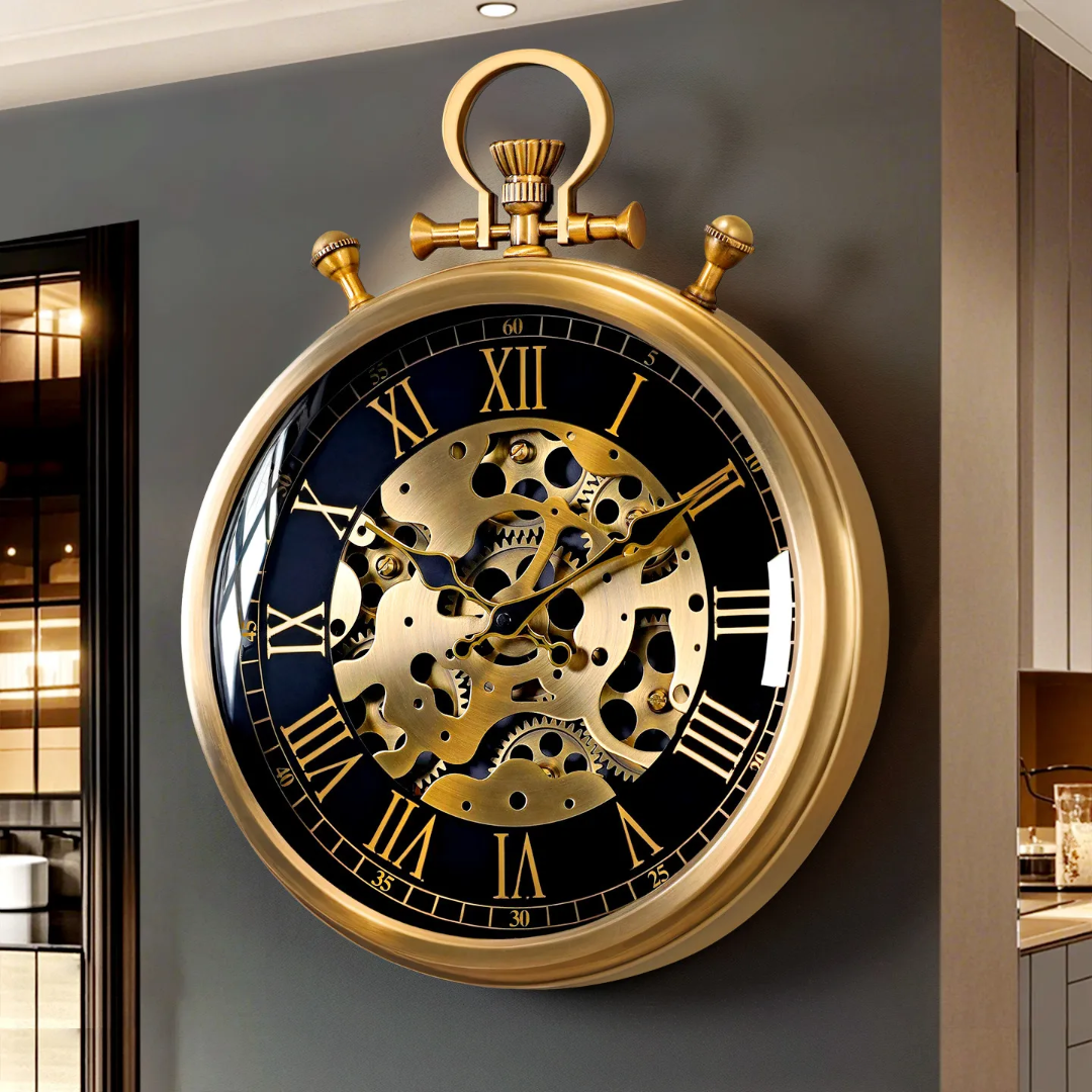 Vintage mechanical gear wall clock with moving gears