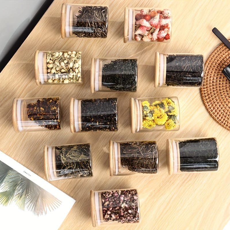 12 Pc Square Air Tight Canister Containers with stickers and mark pen for spices with Natural Bamboo Lids