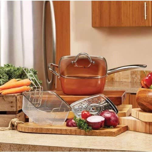 Copper 4 Piece Set Chef Cookware, Non Stick Pan, Deep Square Pan, Fry Basket, Steamer Tray, Dishwasher & Oven Safe, 4 Quart Copper Pot Set, Induction Cookware Set