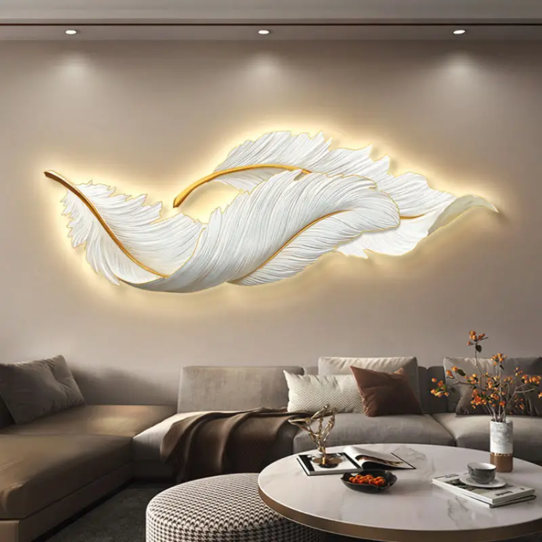 Light Luxury Luminous Feather Wall Decoration, 3D Distressed Metal Feather Wall Decor with a Remote Control Switch