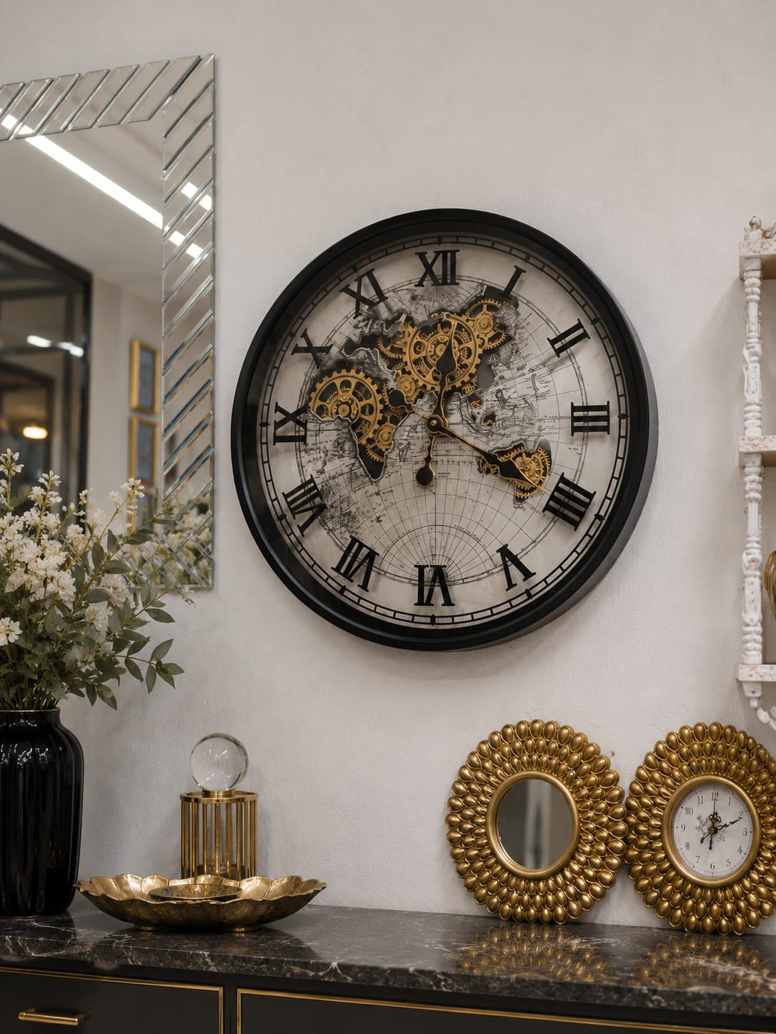 Black metallic frame gear wall clock