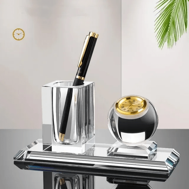 Crystal glass pen holder with golden clock