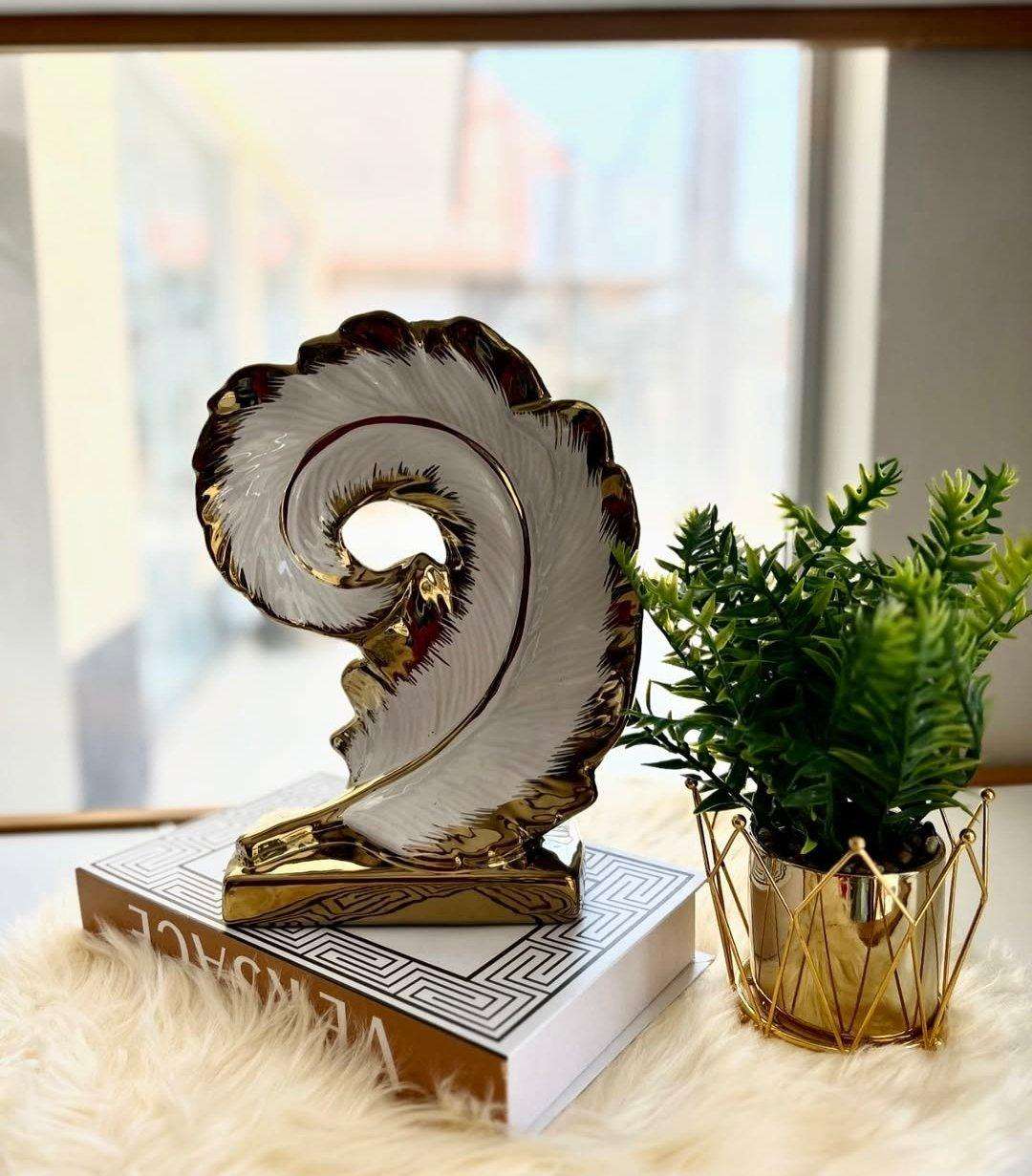 Ceramics feather white with gold decor