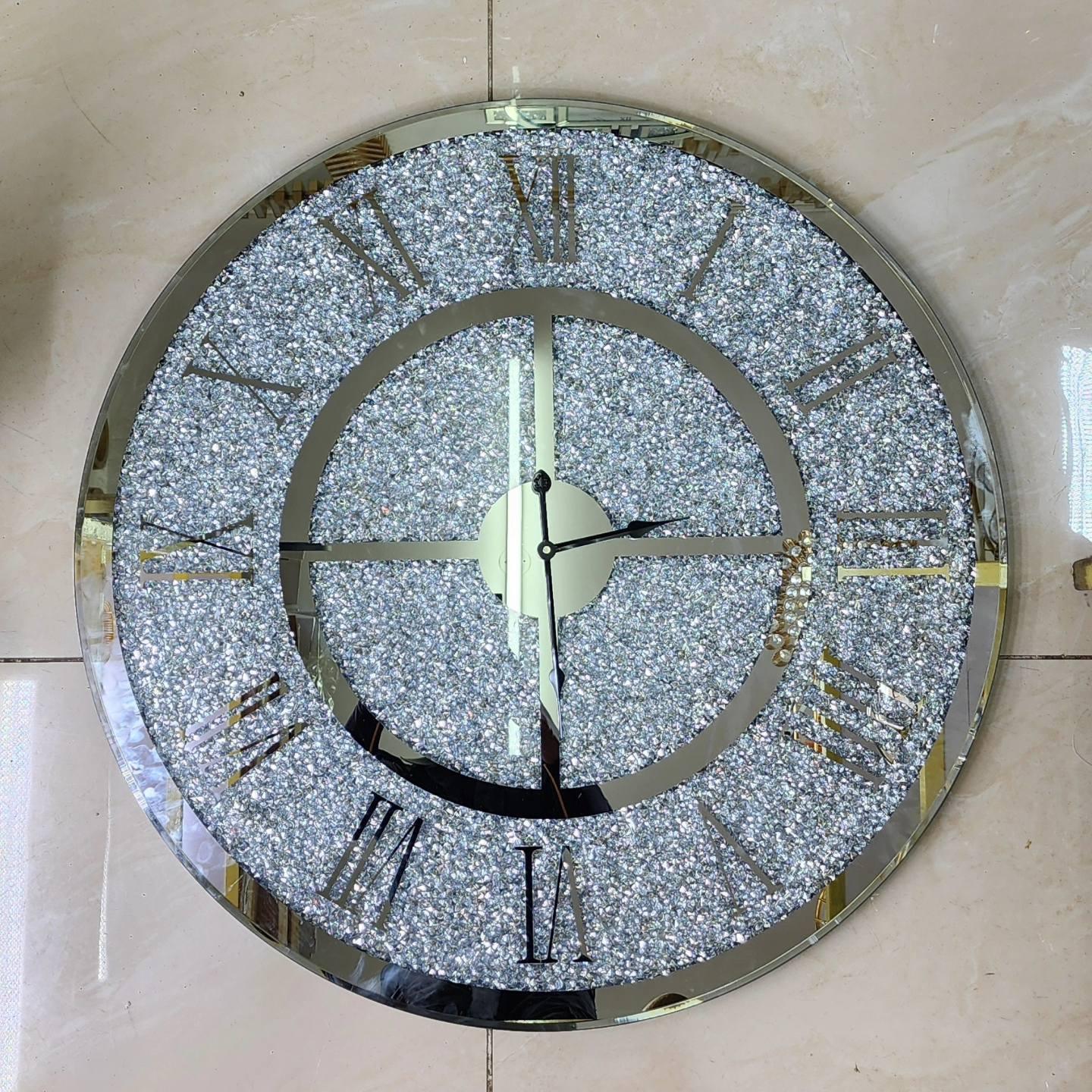 Big Silver Crystal Mirrored Decorative Wall Clock