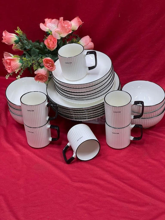 24pcs Of Black Line Design Plates Bowls Cups Dinner Set - Cream