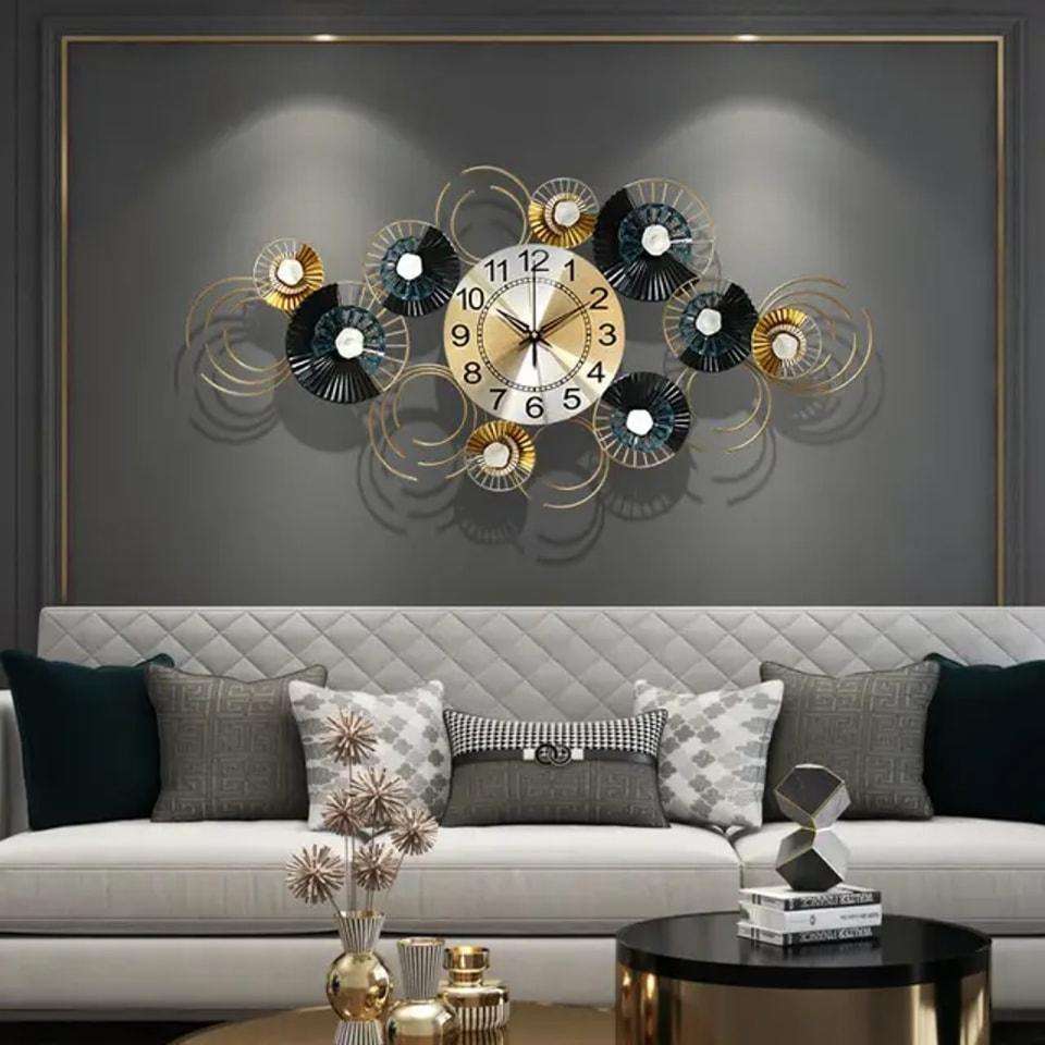 Wall Clock Modern Art Clock Large Metal Wall Clocks, 39 * 22 Inch Creative Design Wall Clock Silent Wall Clock Non Ticking Decor Clock for Living Room Kitchen,Gold,100 * 55cm Wall Decor Clock