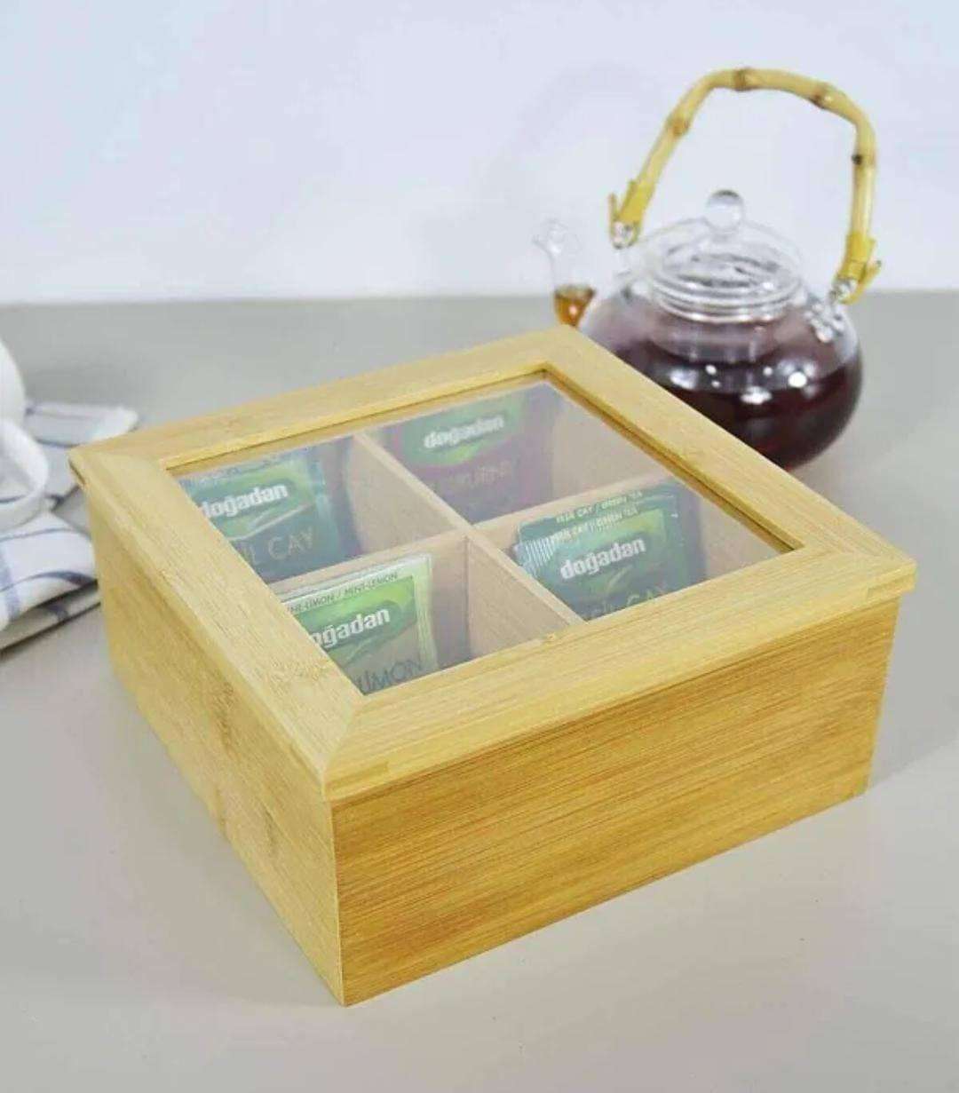 6 Slots Bamboo Tea Bags Organizer | EcoFriendly Design with Clear Hard Cover Top