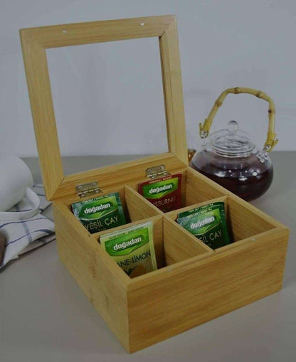 6 Slots Bamboo Tea Bags Organizer | EcoFriendly Design with Clear Hard Cover Top