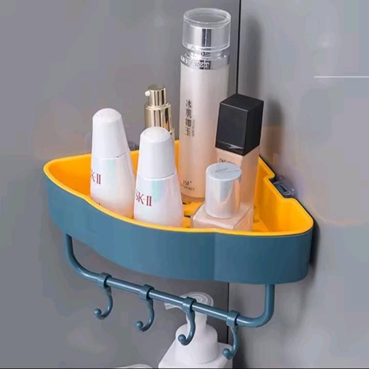 Multipurpose Drain Plastic Shelf Wall Storage Box Strong Design Towel Holder Magic Sticker with 4 Hook for Bathroom, Shower, Kitchen (Set of 1)