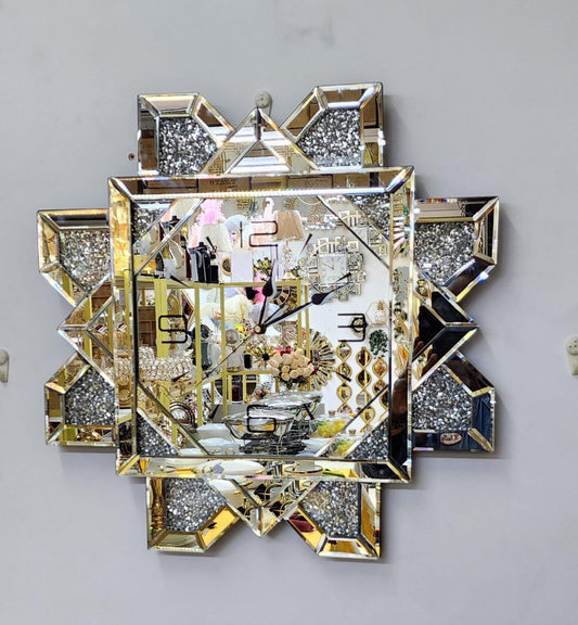 Octagon Silver Crystal Mirrored Decorative Wall Clock