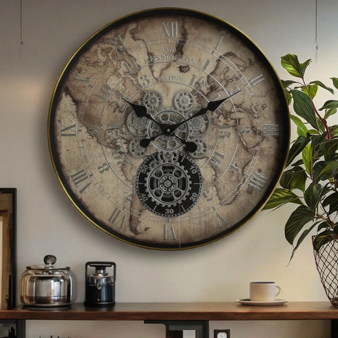 Vintage numerical wall clock with moving gears