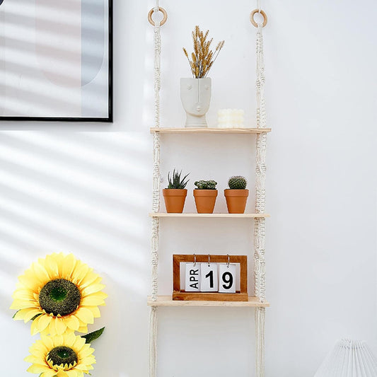 Macrame Hanging Shelves 3 Tier Tapestry Shelf Wood Floating Shelves with Woven Rope, Wall Hanging Shelves Boho Decor for Living Room, Bathroom, Bedroom, Kitchen