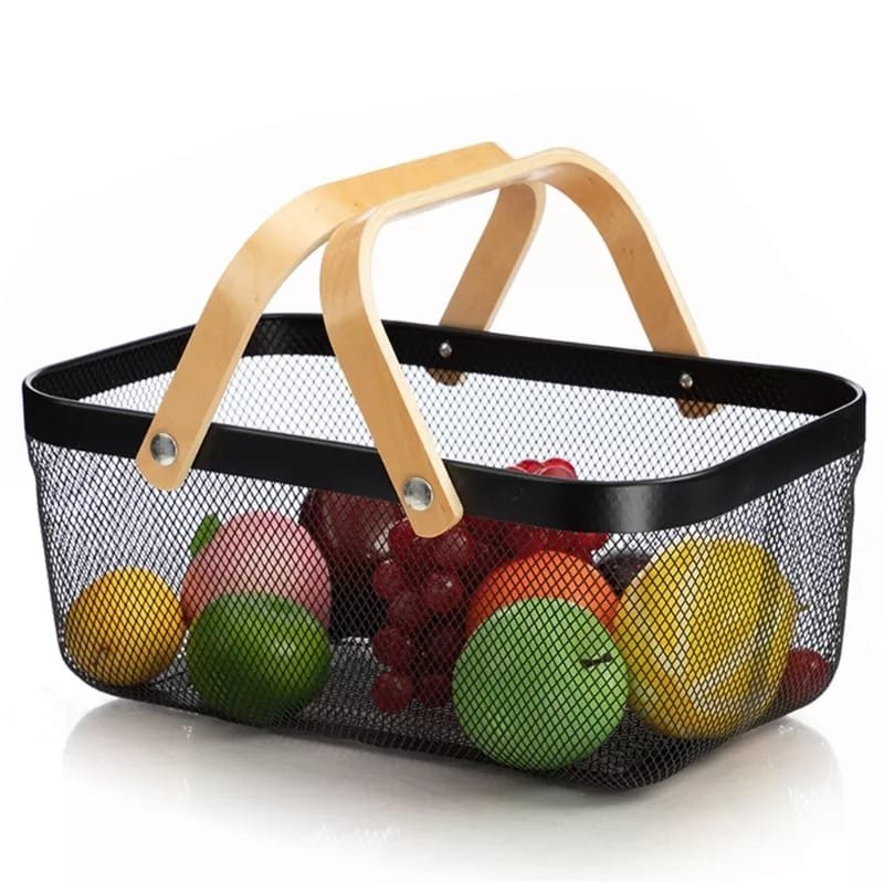 Rectangle Iron Storage Basket Mesh Kitchen Fruit Vegetables Organizer, Containers with Wood Handle Bathroom Organizer Cosmetics