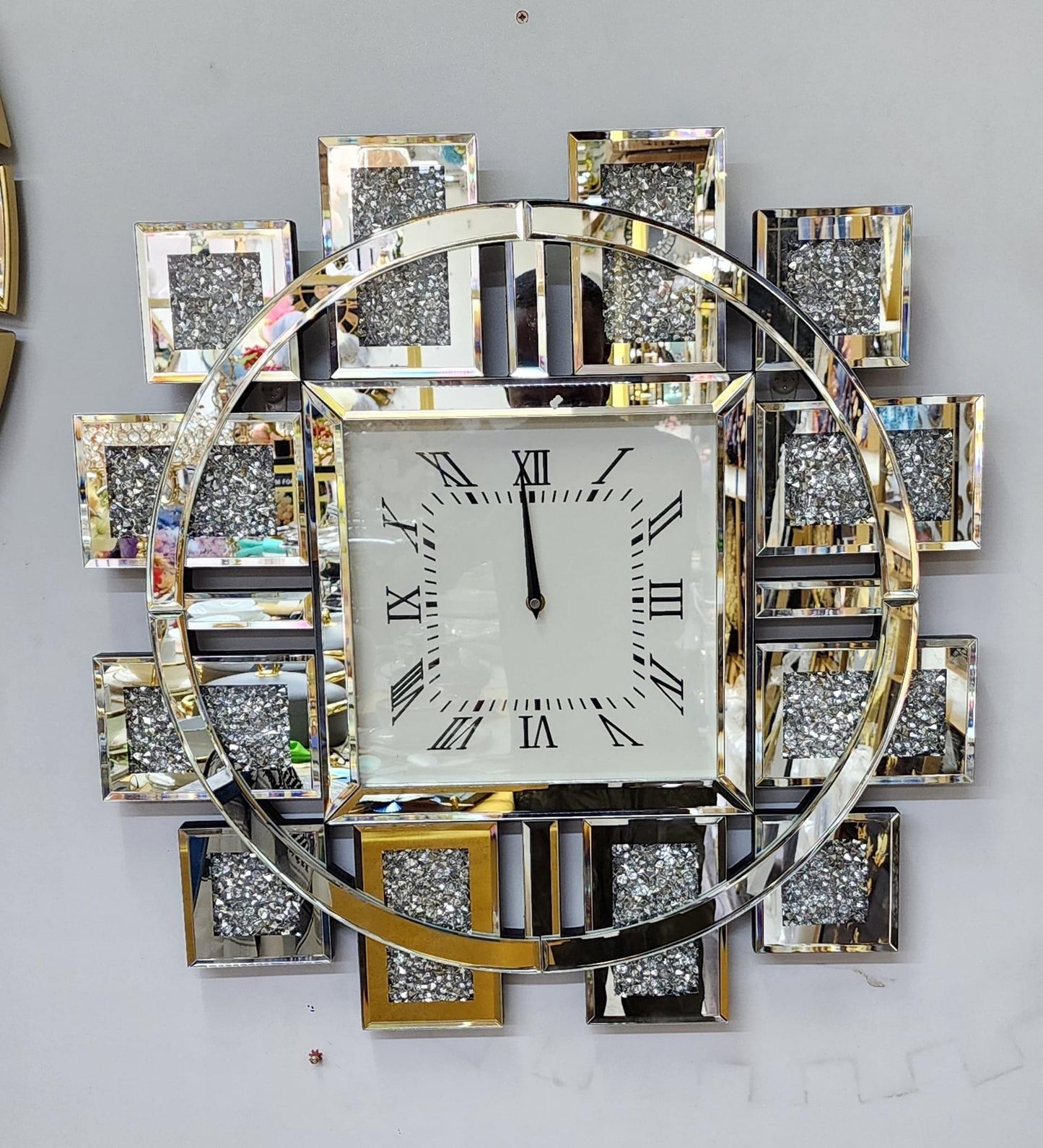 Silver Crystal Mirrored Decorative Wall Clock