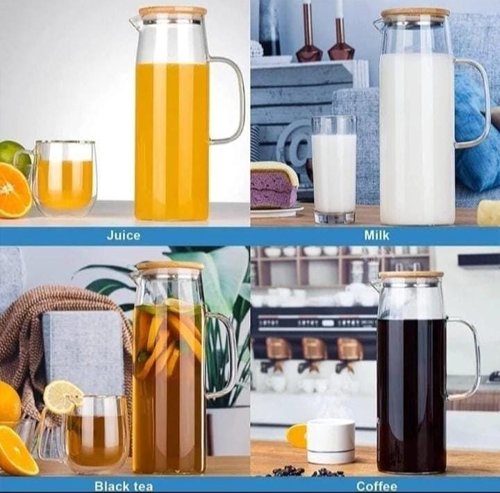 Borosilicate Water Jug With Handle and Bamboo Lid 1200 ML, for juice,milk etc