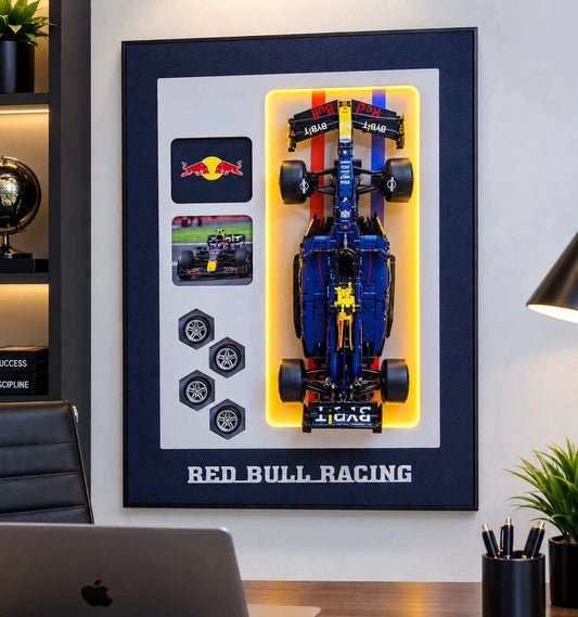 Formula 1 car wall decor with a lego car and an led frame together with a remote  for switching the lights on and off