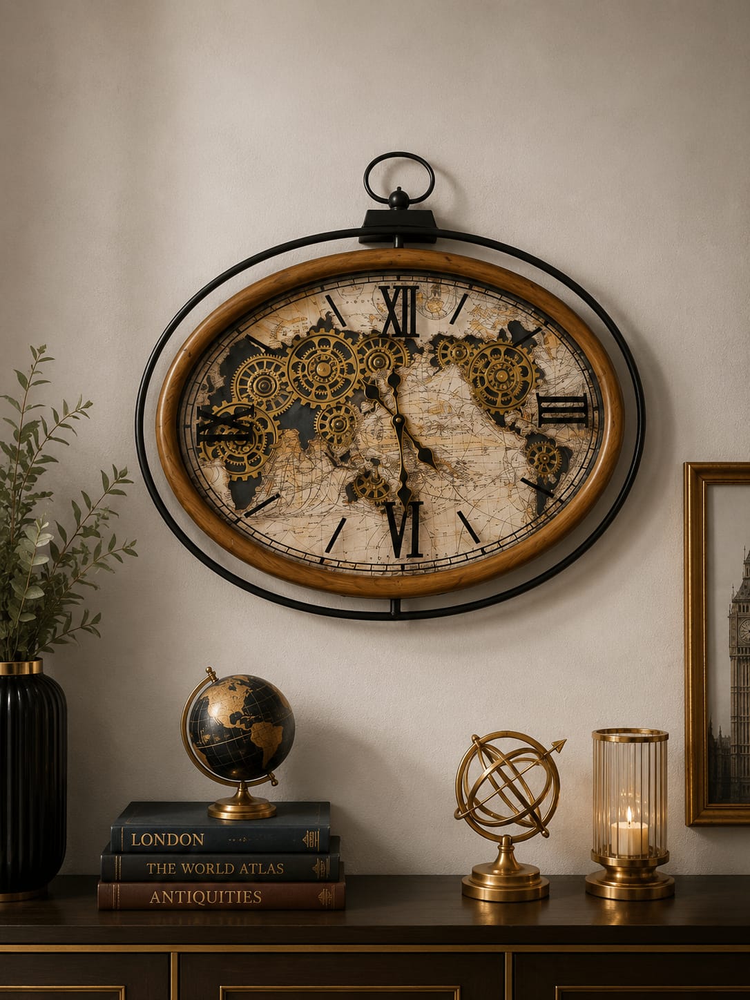 Wooden frame real gears vintage wall clock