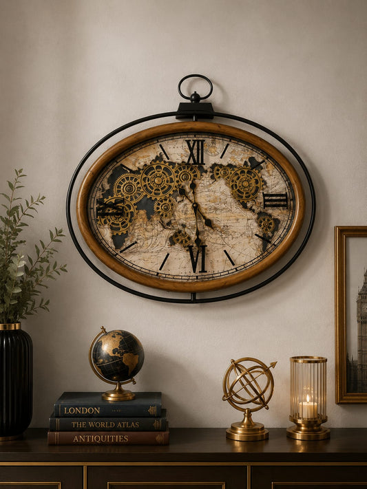 Wooden frame real gears vintage wall clock