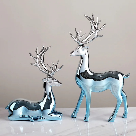 2Pcs Christmas Reindeer Figurines Decorations Resin Sitting & Standing Deer Statues Elk Figurine for Home Table Decor Sculpture (Sky Blue, 2Pcs)