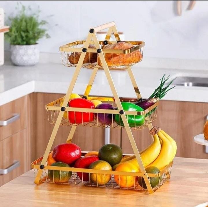 Tier Fruit Basket Stand, Gold Metal Vegetable Rack for Kitchen, Countertop, Fruit and Vegetable Storage, Portable Modern Fruit Holder with Wooden Handle for Kitchen, Pantry, Bathroom