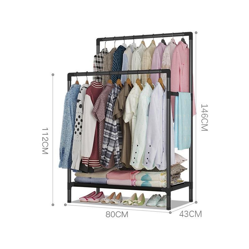 Double pole clothing rack with lower storage shelf for boxes and shoes