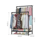 Double pole clothing rack with lower storage shelf for boxes and shoes