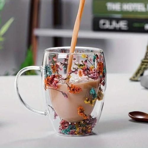 Dried flowers Insulated Double Wall Glass Cup Coffee Cup with Handle Household Hot