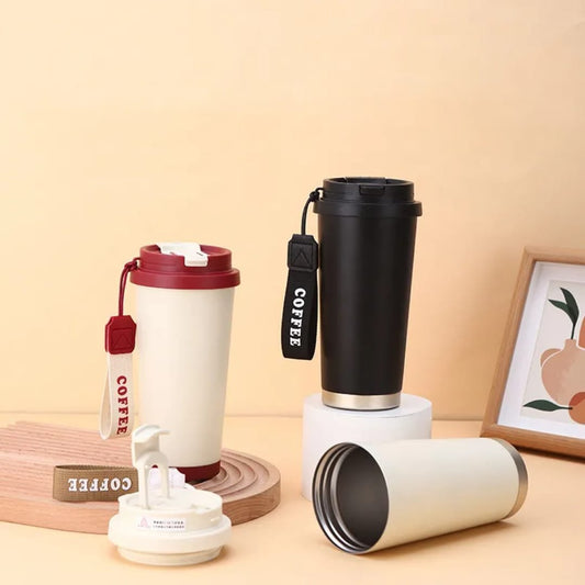 530ML Insulated Coffee Cup Travel Mug with Leakproof Lid and Flip Straw, Reusable Travel Coffee Mug, Stainless Steel Thermal Mug for Hot Cold Drinks, Black
