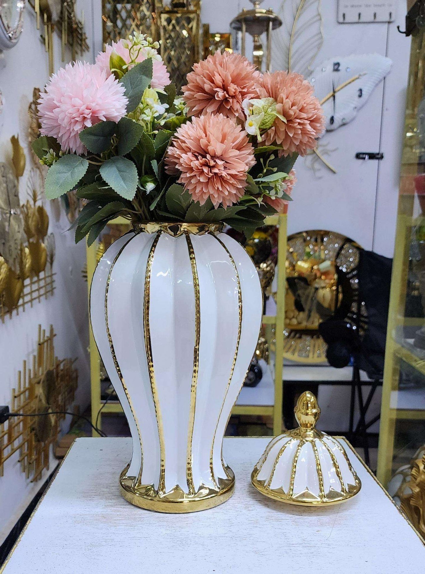 Ginger Jars for Home Decor, White Flower Vase with Gold Trim, Ceramic Vases for Centerpieces, Storage Jars with Lid, Modern Handmade Vase Decor for