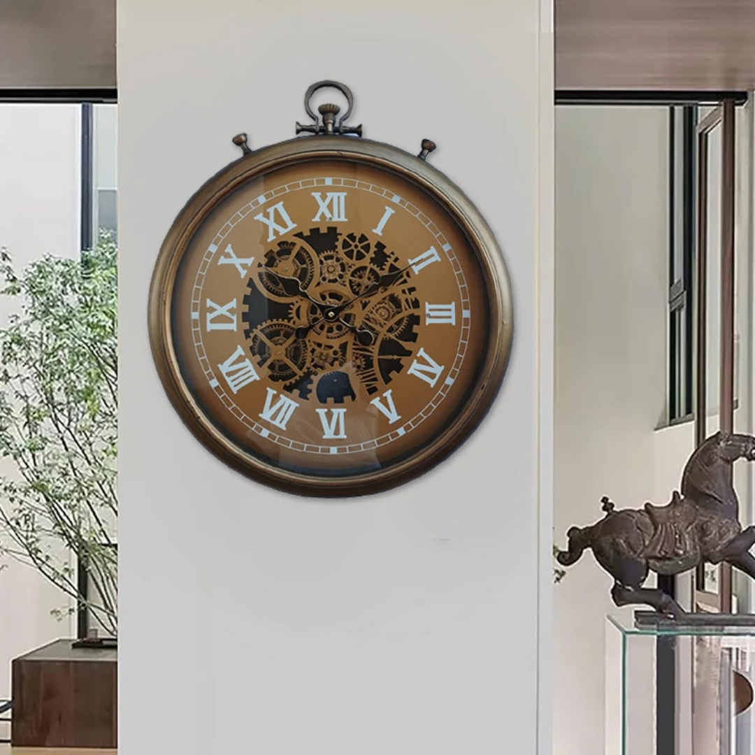 60 cmWall Clock with Real Moving Gears, Oversized Large Industrial Steampunk Wall Clock, Antique Gold Big Roman Numeral Silent Metal Wall Clock for Living Room Decor,
