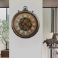 60 cmWall Clock with Real Moving Gears, Oversized Large Industrial Steampunk Wall Clock, Antique Gold Big Roman Numeral Silent Metal Wall Clock for Living Room Decor,