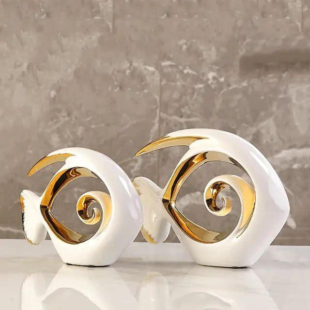 2Pcs Fish Sculpture White Gold Ceramic Statue
