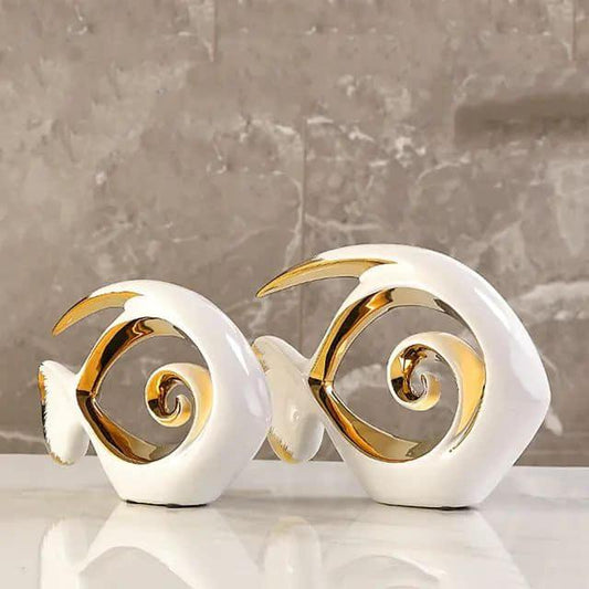 2Pcs Fish Sculpture White Gold Ceramic Statue