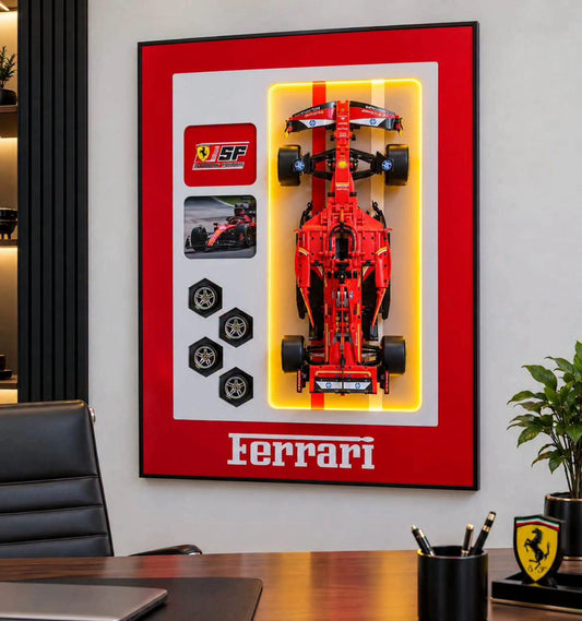 Formula 1 car wall decor with a lego car and an led frame together with a remote  for switching the lights on and off