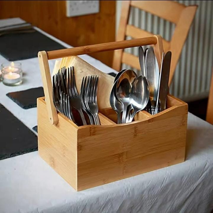 Silverware Caddy With Napkin Holder, 1 Durable Outdoor Utensil Holder – Built-In Handle, 4 Slots, Natural Bamboo Picnic Silverware Holder, For Knives, Forks, And Spoons
