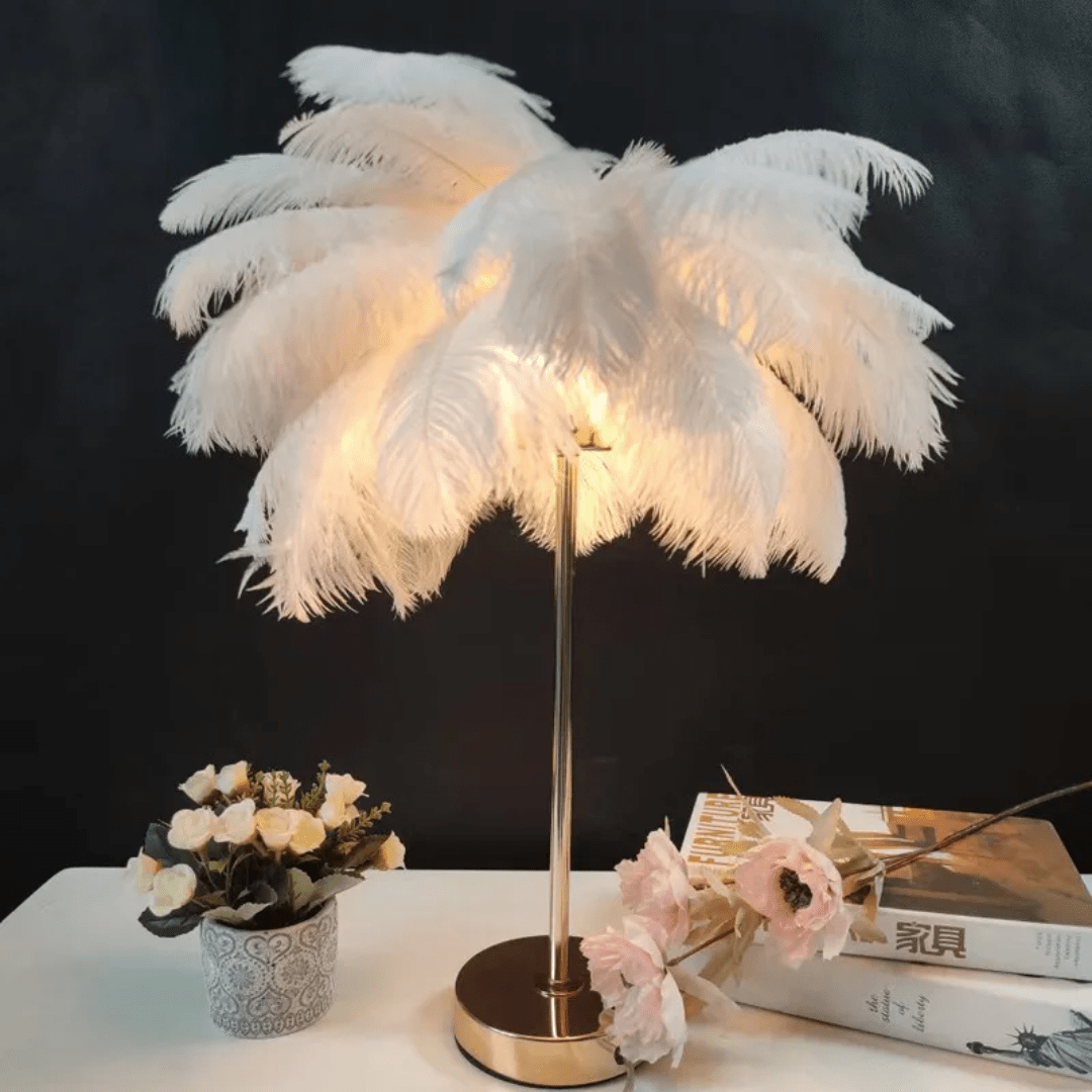 Natural Ostrich Feather Table Lamp with Plug in Wire, Modern Feather Bedside Lamp for Bedroom Nightstand Lamp Desk Night Light (White)