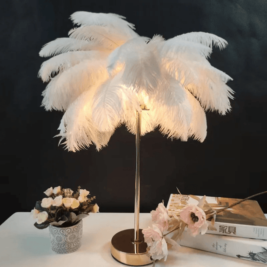 Natural Ostrich Feather Table Lamp with Plug in Wire, Modern Feather Bedside Lamp for Bedroom Nightstand Lamp Desk Night Light (White)