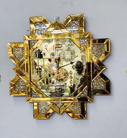 Octagon Gold Crystal Mirrored Decorative Wall Clock