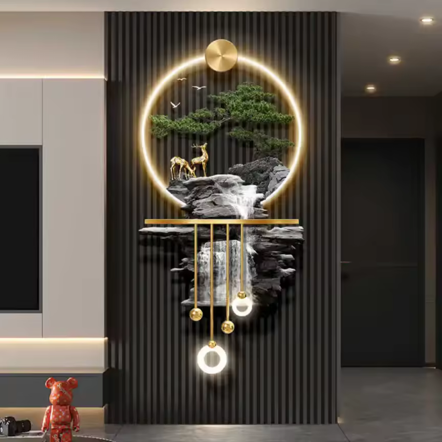 D, 50x110cm,3D Wall Art Decor with LED Light, Flowing Water Brings Wealth Wall lamp Painting,Mountain Water Wall Sculptures,Welcome Song Wall Hanging Painting,for Home Entrance Corridor