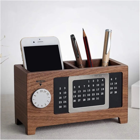 Pen Holder Perpetual Calendar Pen Holder Desk Organizer, Pencil Holder Pencil Holder with 2 Compartments Creative Wooden Desktop Storage Box Pen Organiser (Color : B)