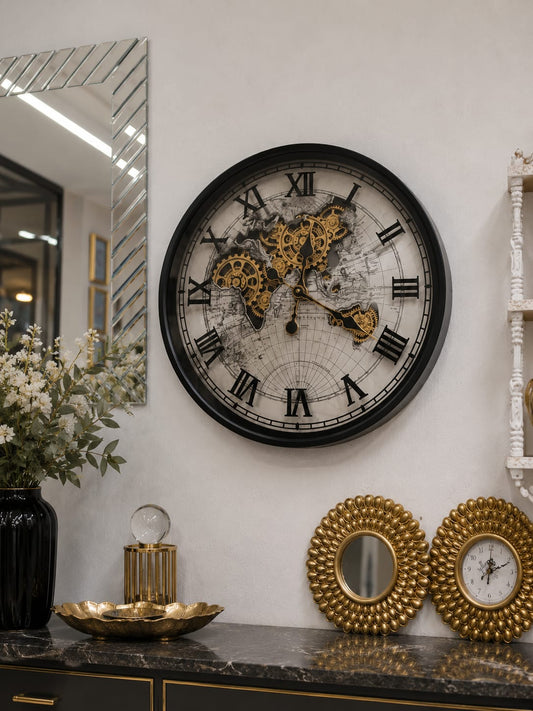 Black metallic frame gear wall clock