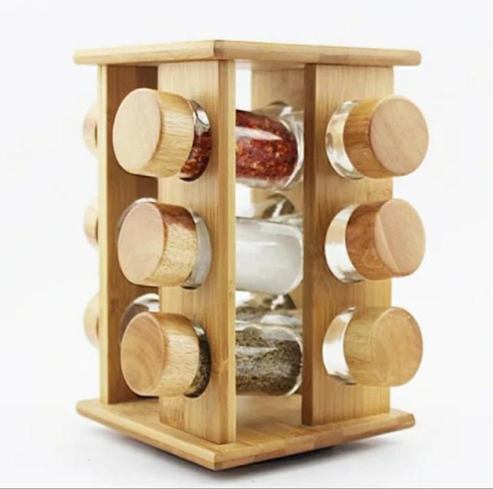 Rotating bamboo spice rack.