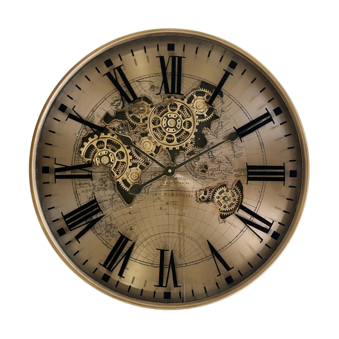 Large inner wall clock, 60cm real moving gear clock vintage industrial sprocket oversized metal silent clock roman numerals non ticking quartz clock