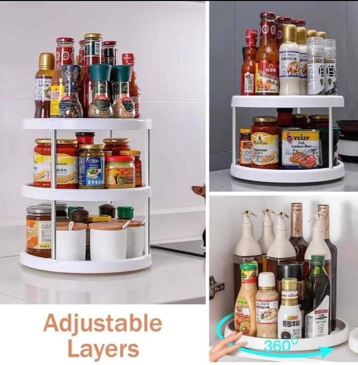 3 Tier Kitchen Storage Rack Stand & Swivel Rack – Tan Modern Rotating Kitchen Storage Rack – 3 Shelves – Makeup, Kitchen Tools, Travel, Toiletries Organization